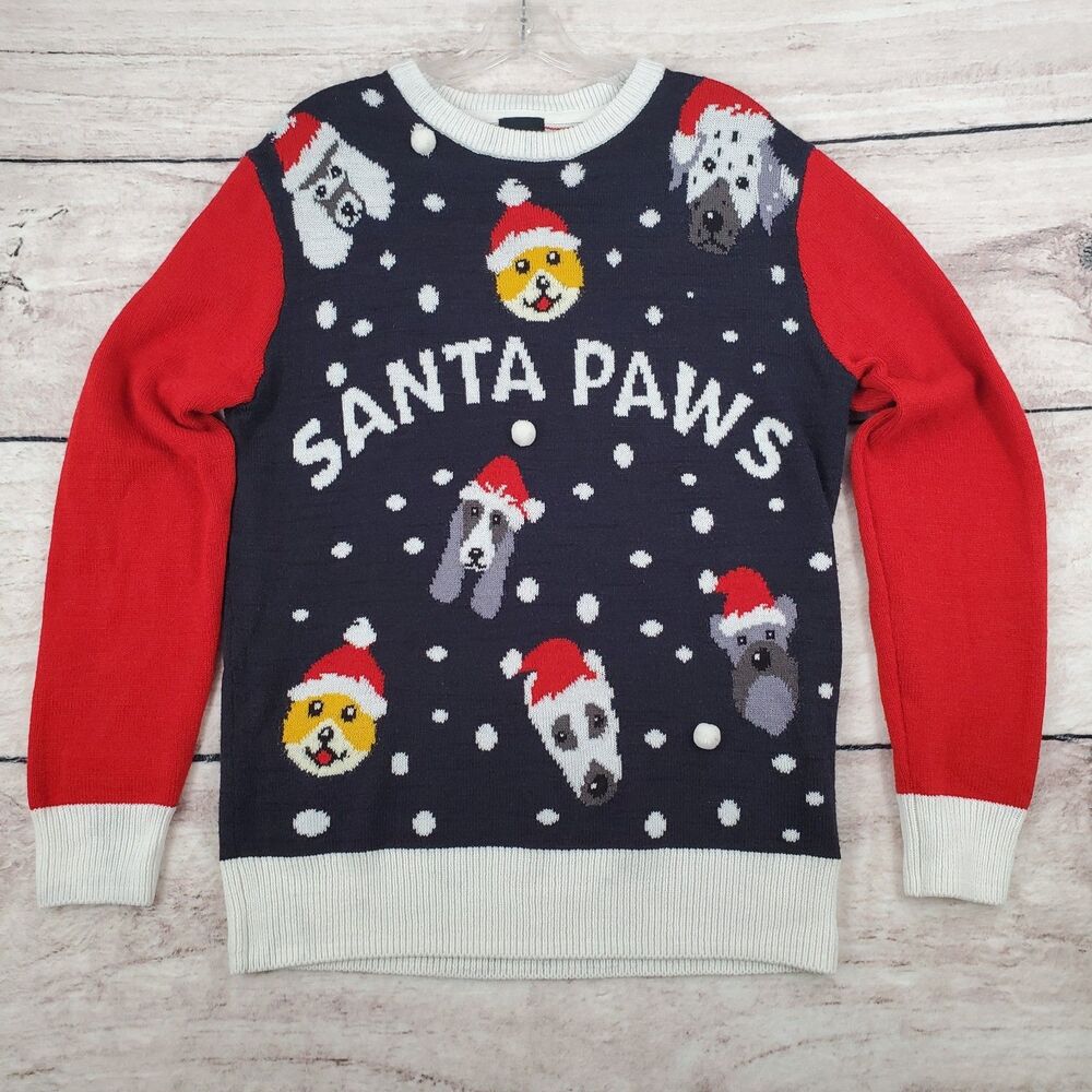 H&M Ugly Christmas Sweater Mens M Santa Paws Dogs Santa Hats Pom Pom Holiday Fun